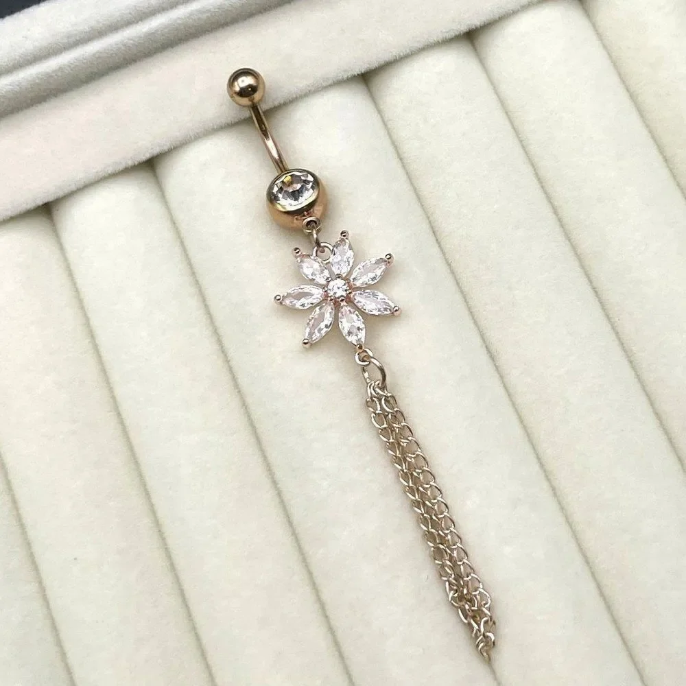 316L Stainless Steel with White Diamond Cubic Zirconia Flower 14G Belly Ring